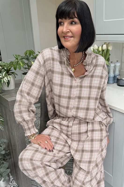 Patrick Plaid Brushed Cotton Edwardian Blouse Mocha Blush -